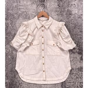 Pilcro Top Large Womens Anthropologie White Denim Ruffle Sleeve Button Shirt